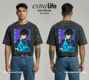 Playera streetwear premium de anime y gaming ExtraLife MX, corte boxy deluxe mineral wash heavyweight en color Acid Wash, moda urbana mexicana de culto.