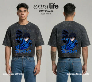 Playera streetwear premium de anime y gaming ExtraLife MX, corte boxy deluxe mineral wash heavyweight en color Acid Wash, moda urbana mexicana de culto.