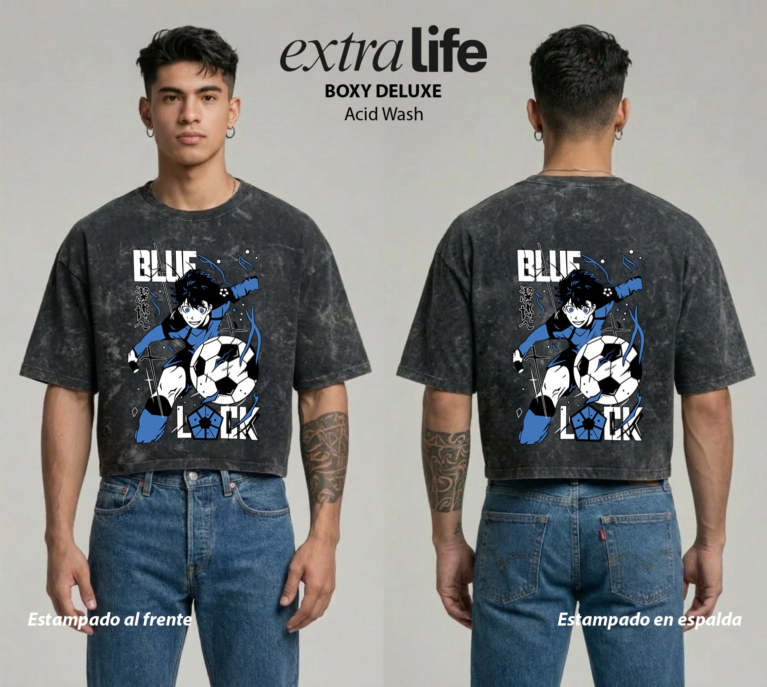 Playera streetwear premium de anime y gaming ExtraLife MX, corte boxy deluxe mineral wash heavyweight en color Acid Wash, moda urbana mexicana de culto.