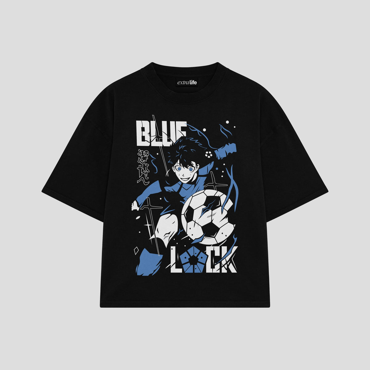 Playera streetwear premium de anime y gaming ExtraLife MX, corte oversized drop shoulder ligero y fresco en color Deep Black y Off-White, moda urbana mexicana de culto.