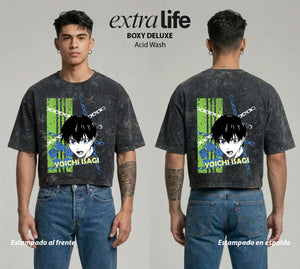 Playera streetwear premium de anime y gaming ExtraLife MX, corte boxy deluxe mineral wash heavyweight en color Acid Wash, moda urbana mexicana de culto.