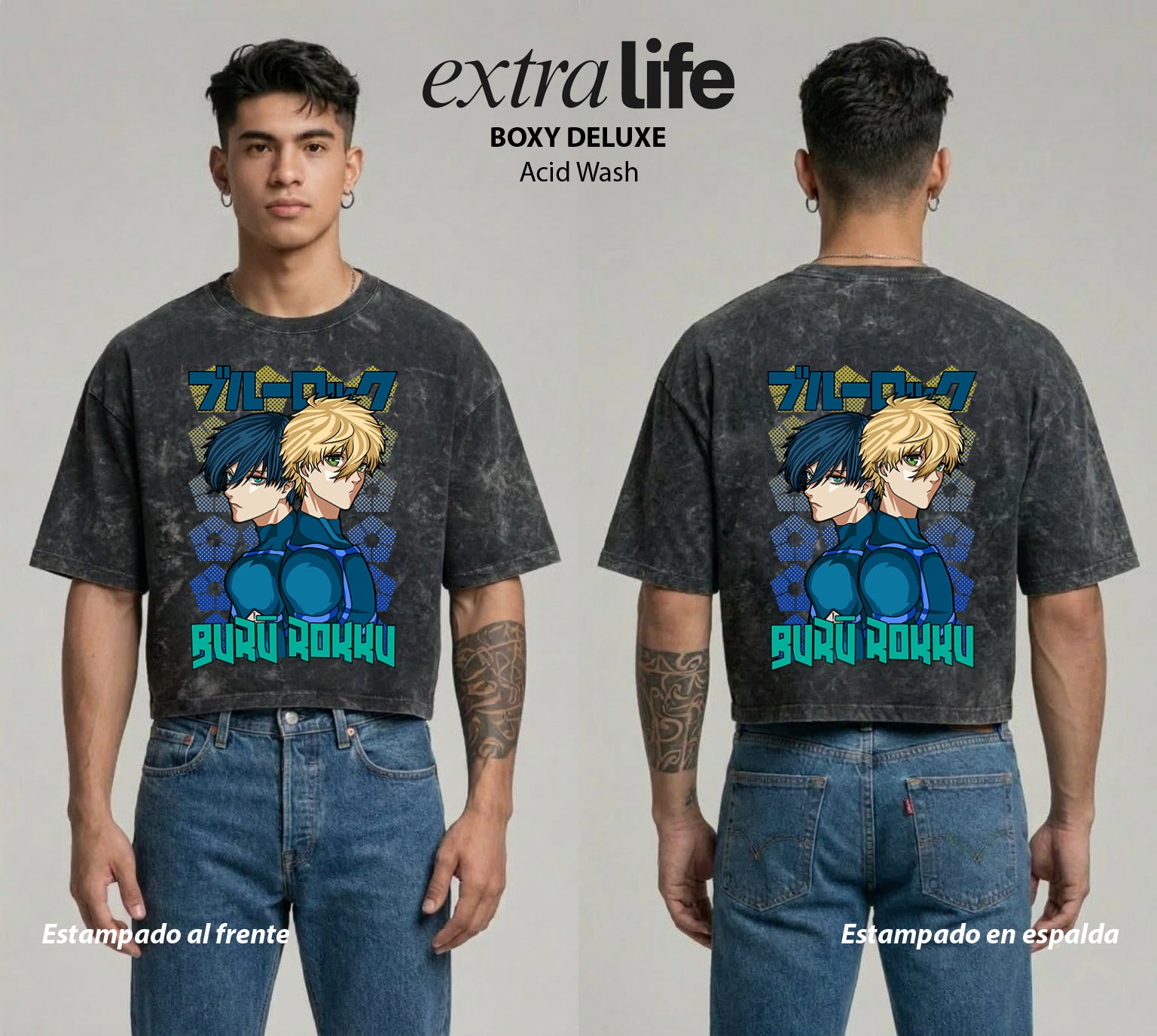 Playera streetwear premium de anime y gaming ExtraLife MX, corte boxy deluxe mineral wash heavyweight en color Acid Wash, moda urbana mexicana de culto.
