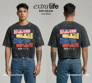 Playera streetwear premium de anime y gaming ExtraLife MX, corte boxy deluxe mineral wash heavyweight en color Acid Wash, moda urbana mexicana de culto.