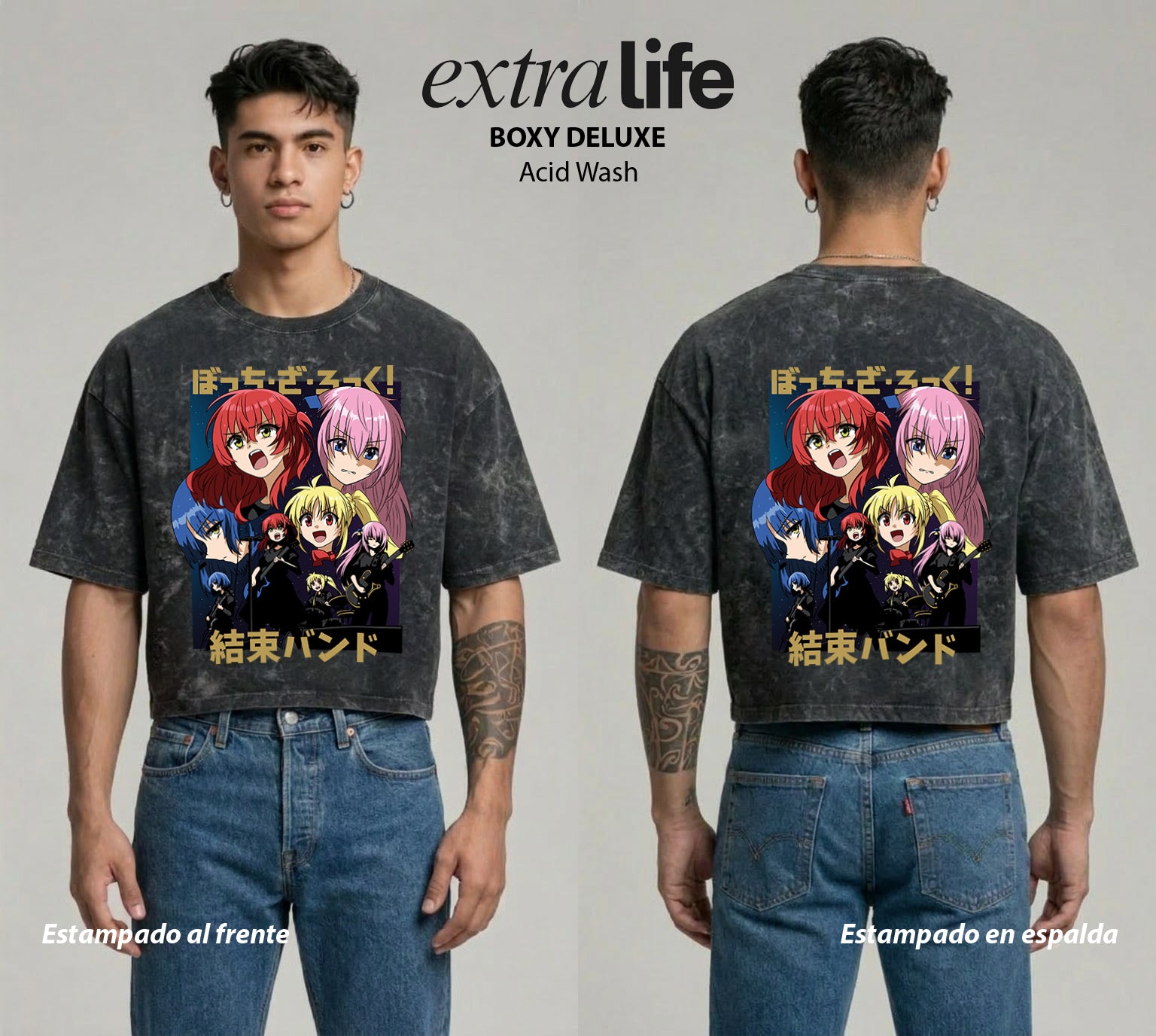 Playera streetwear premium de anime y gaming ExtraLife MX, corte boxy deluxe mineral wash heavyweight en color Acid Wash, moda urbana mexicana de culto.