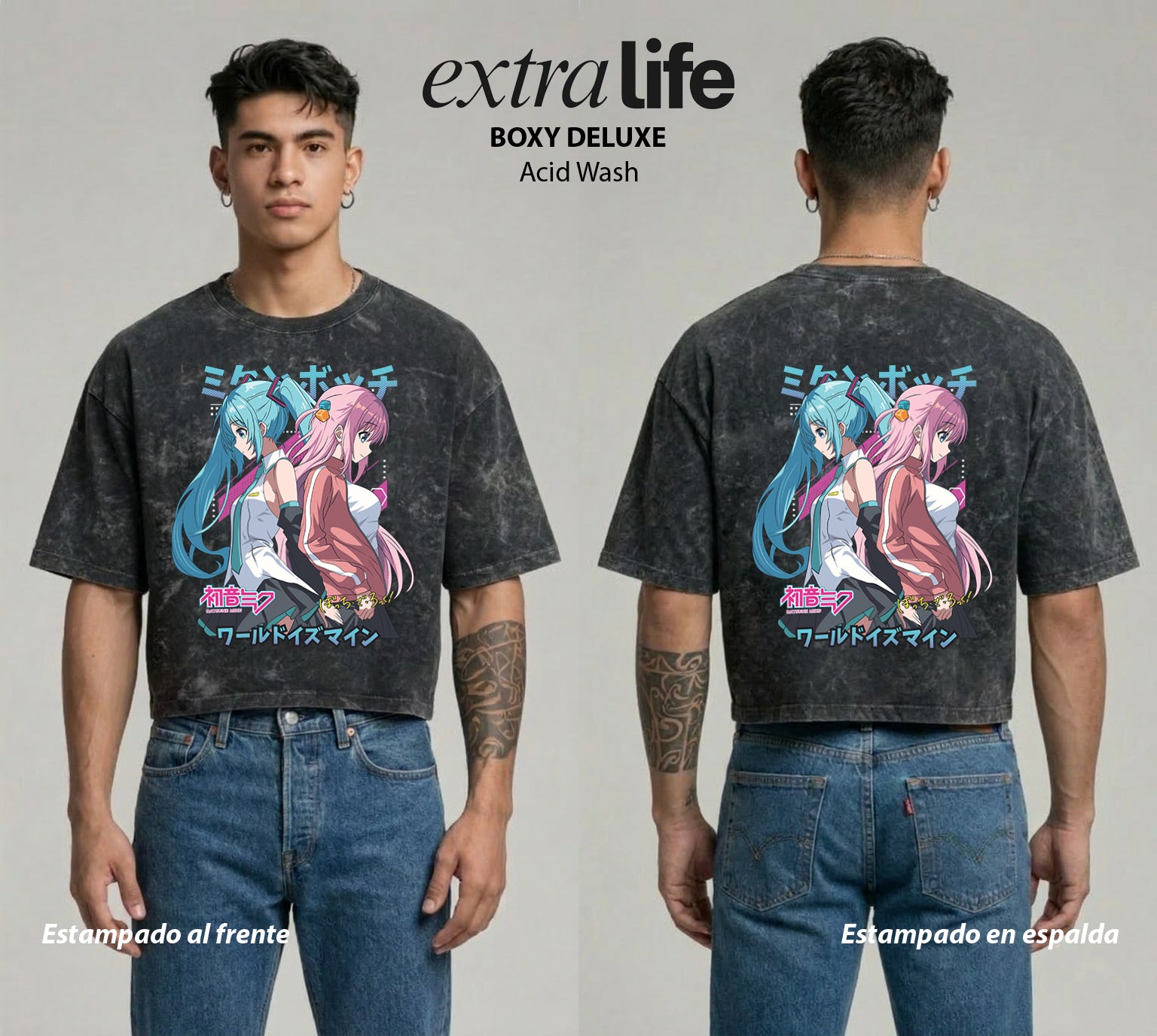 Playera streetwear premium de anime y gaming ExtraLife MX, corte boxy deluxe mineral wash heavyweight en color Acid Wash, moda urbana mexicana de culto.