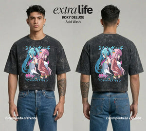 Playera streetwear premium de anime y gaming ExtraLife MX, corte boxy deluxe mineral wash heavyweight en color Acid Wash, moda urbana mexicana de culto.
