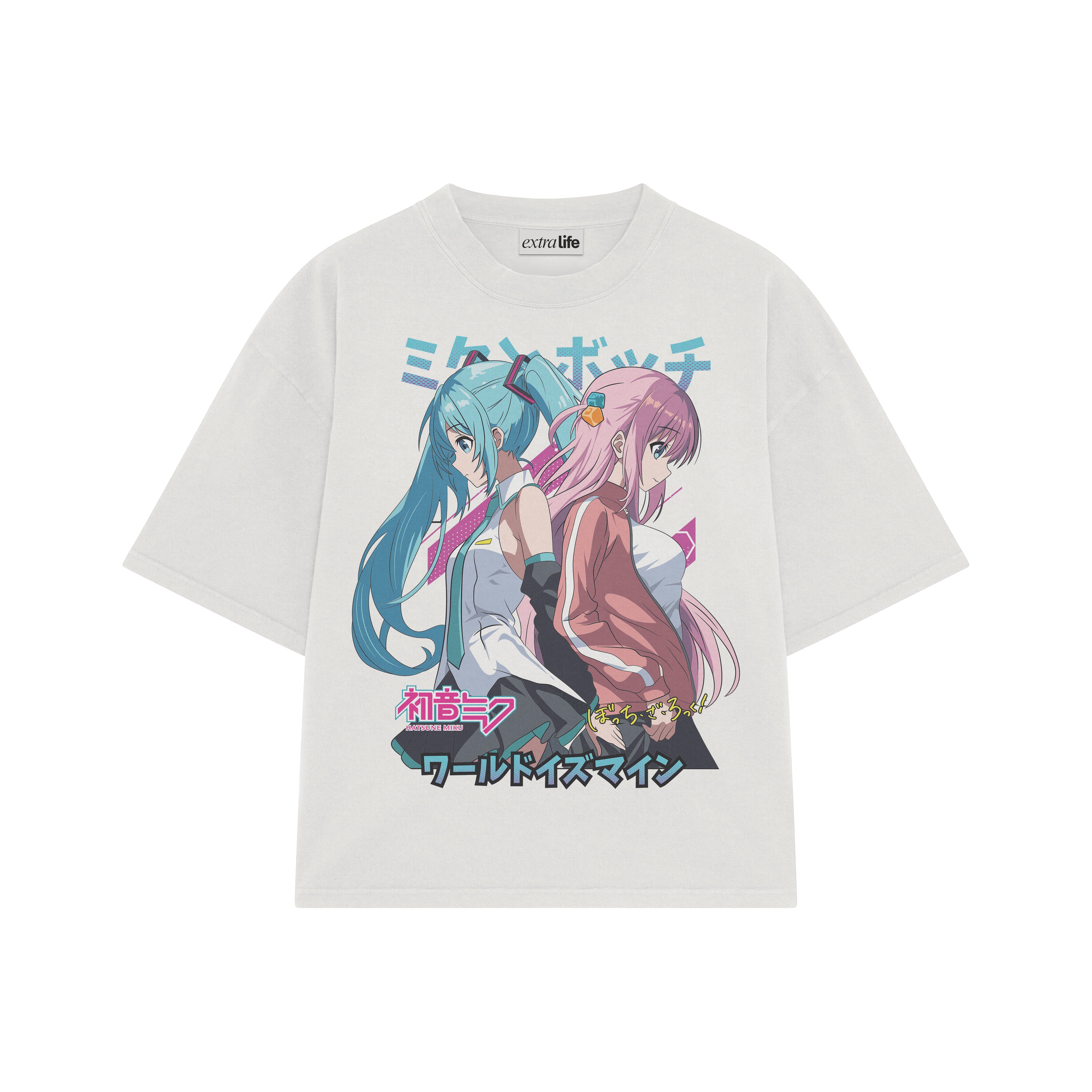 Playera streetwear premium de anime y gaming ExtraLife MX, corte boxy oversized drop shoulder heavyweight en color Deep Black y Off-White, moda urbana mexicana de culto.