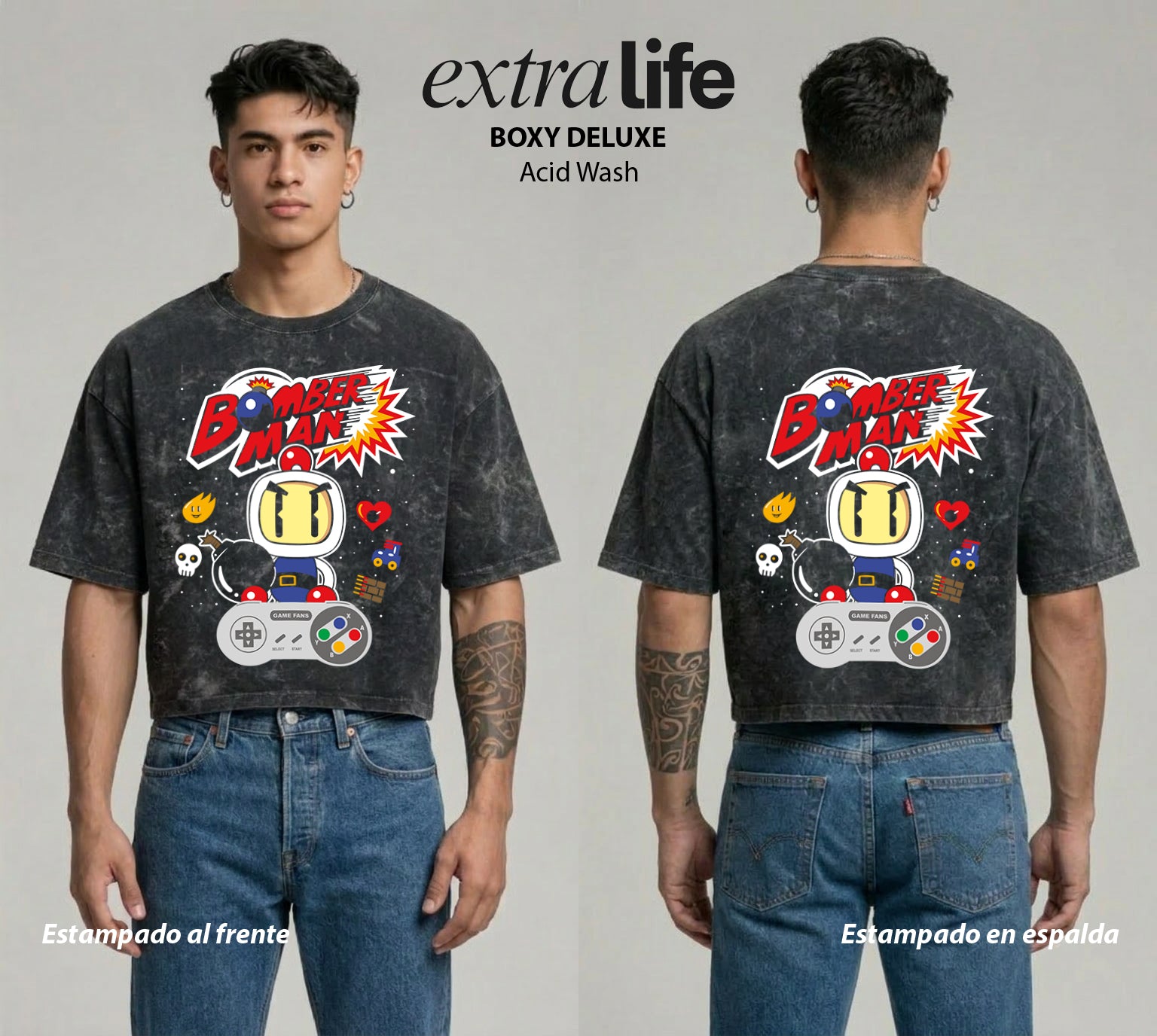 Playera streetwear premium de anime y gaming ExtraLife MX, corte boxy deluxe mineral wash heavyweight en color Acid Wash, moda urbana mexicana de culto.