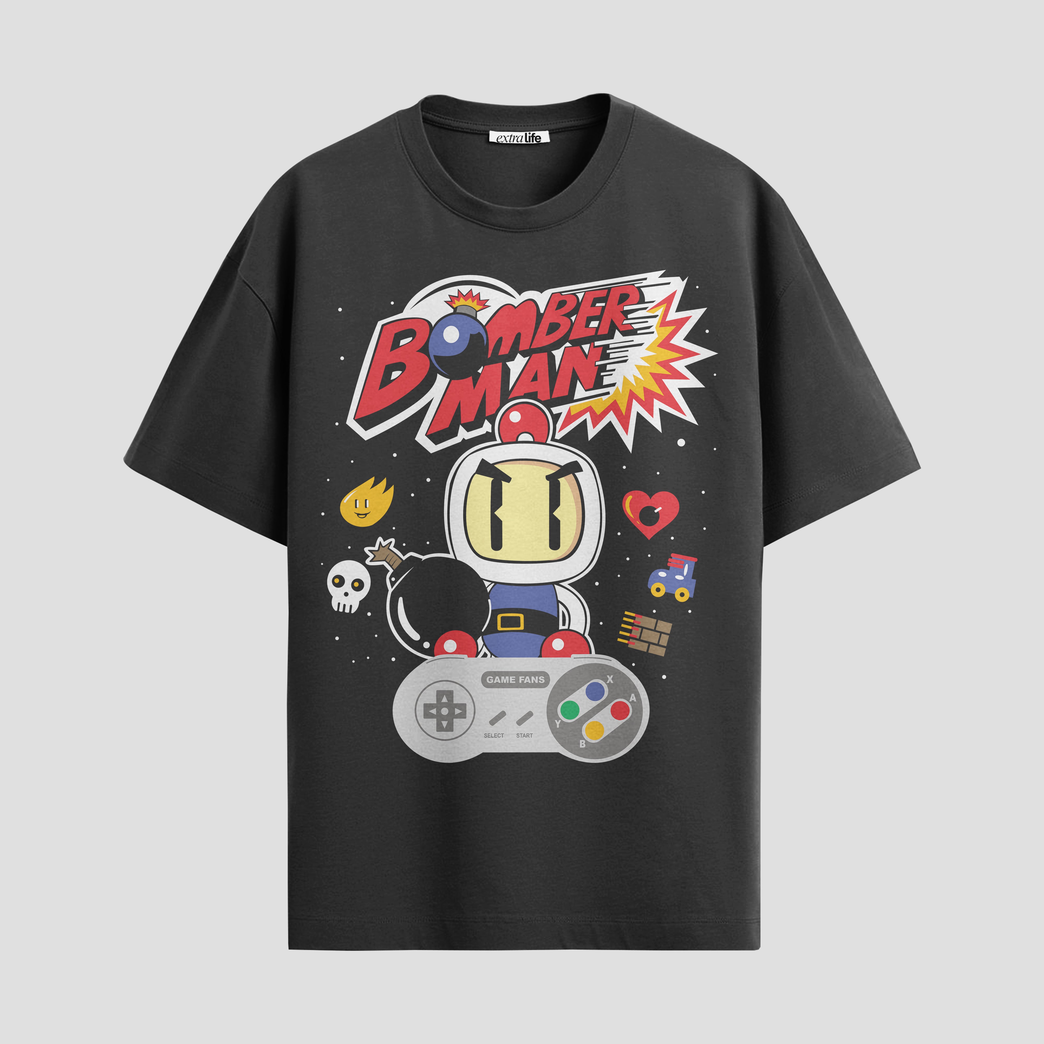 Playera urbana de anime y gaming ExtraLife MX, corte Standard Fit unisex ligero y transpirable en color Deep Black y Pure White, ropa de uso diario para gym y casual.