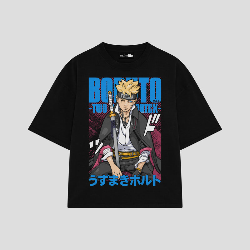 Playera streetwear premium de anime y gaming ExtraLife MX, corte boxy oversized drop shoulder heavyweight en color Deep Black y Off-White, moda urbana mexicana de culto.