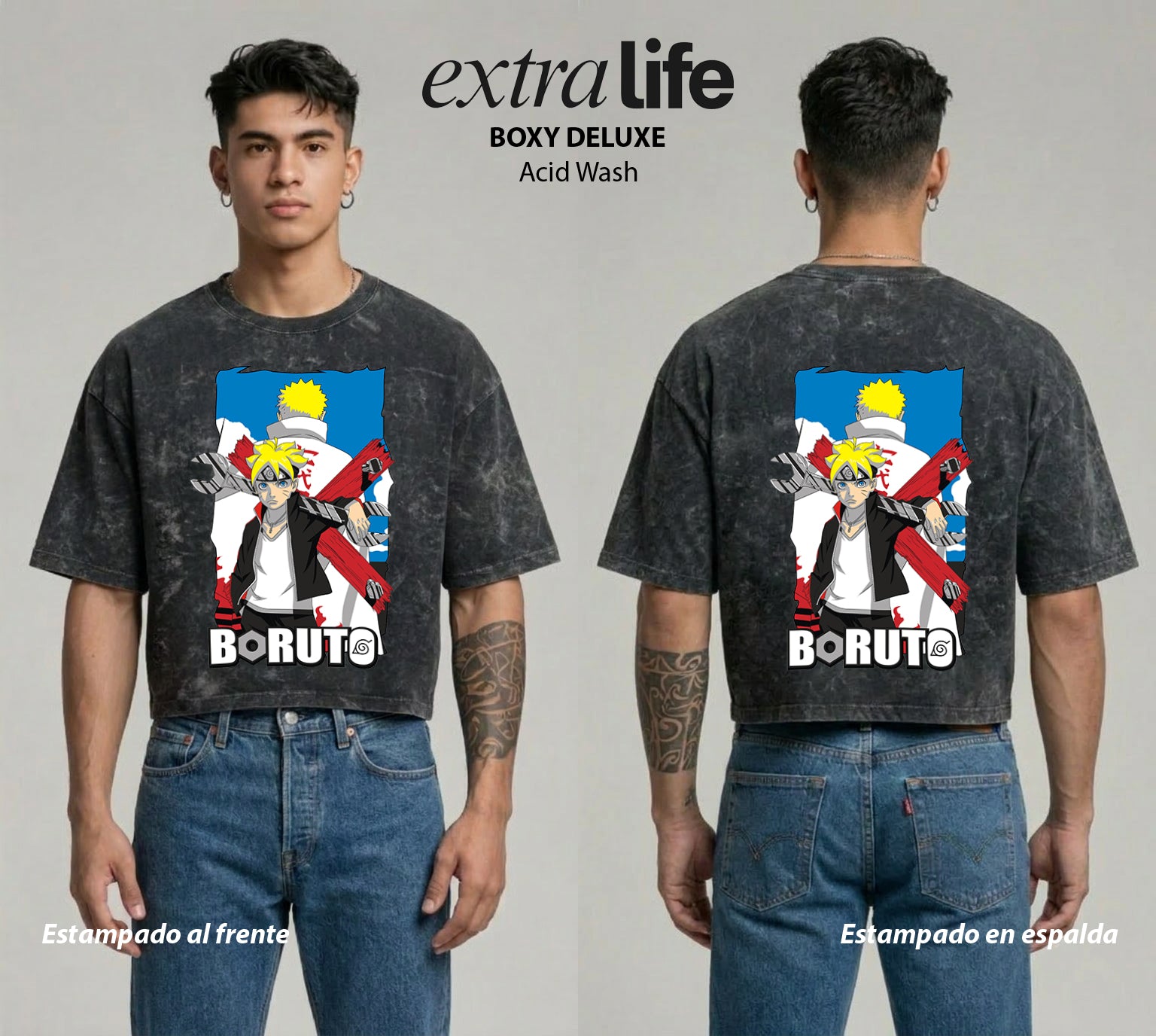 Playera streetwear premium de anime y gaming ExtraLife MX, corte boxy deluxe mineral wash heavyweight en color Acid Wash, moda urbana mexicana de culto.