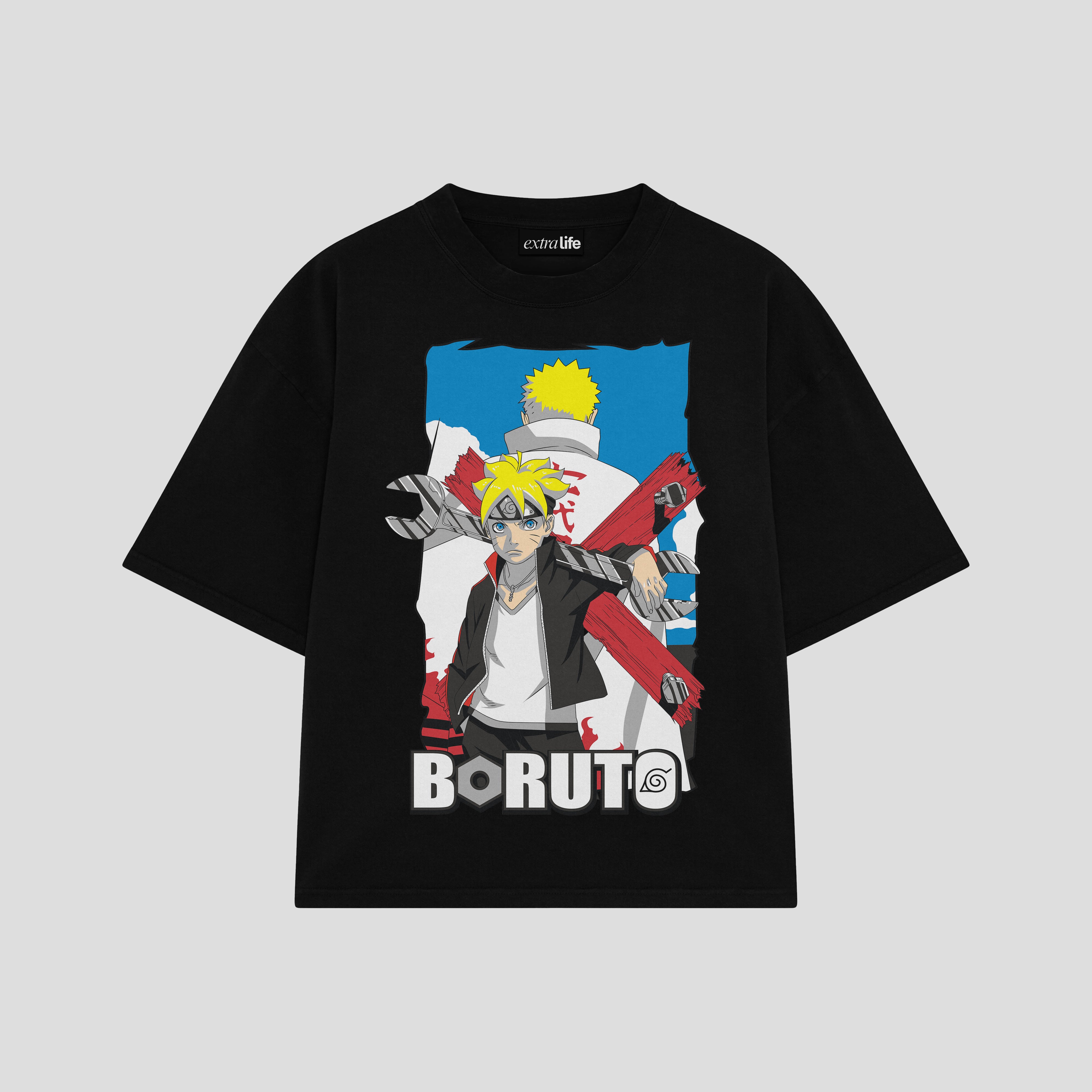 Playera streetwear premium de anime y gaming ExtraLife MX, corte boxy oversized drop shoulder heavyweight en color Deep Black y Off-White, moda urbana mexicana de culto.
