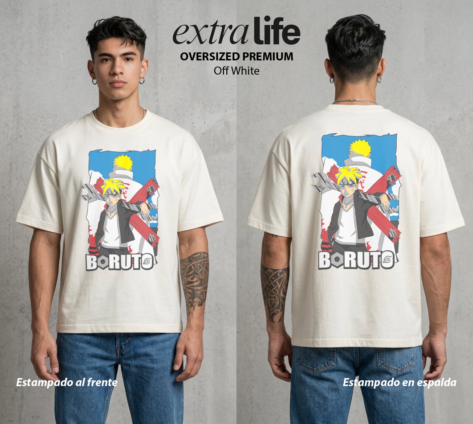 La Aldea Oculta | El Hijo del Hokage #00334 - Playera Oversized Premium | Off White - Foto en modelo