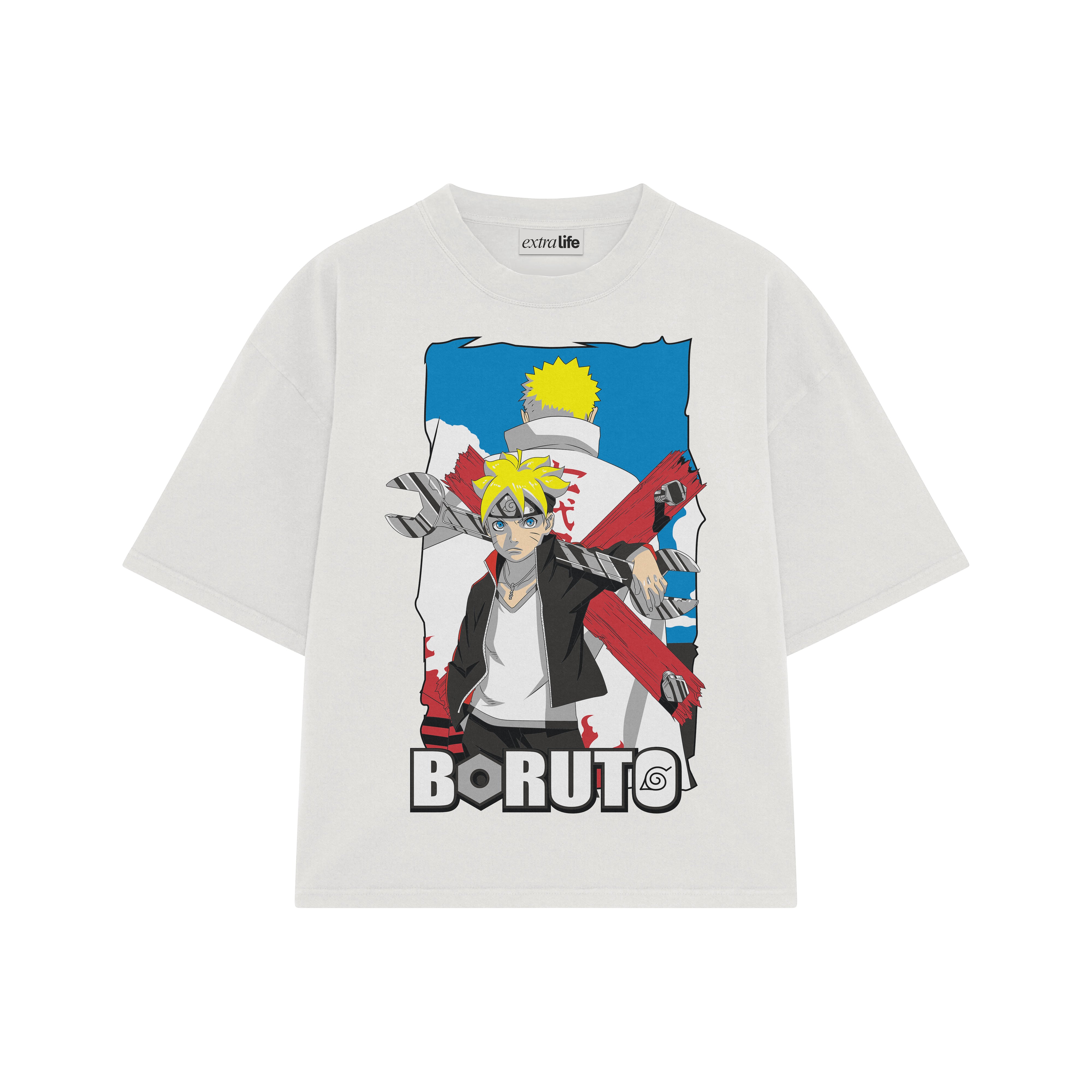 Playera streetwear premium de anime y gaming ExtraLife MX, corte boxy oversized drop shoulder heavyweight en color Deep Black y Off-White, moda urbana mexicana de culto.