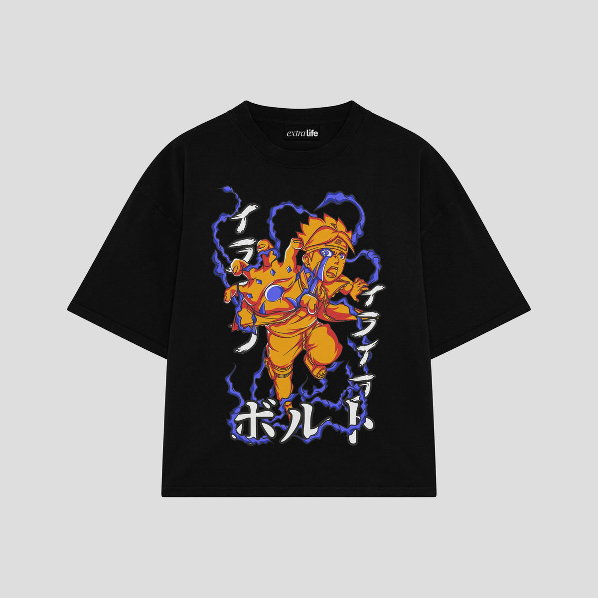 Playera streetwear premium de anime y gaming ExtraLife MX, corte oversized drop shoulder ligero y fresco en color Deep Black y Off-White, moda urbana mexicana de culto.