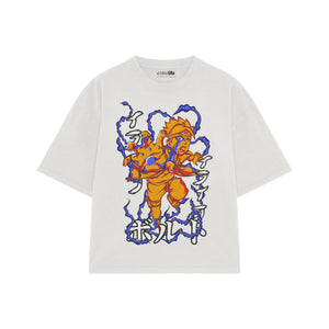 Playera streetwear premium de anime y gaming ExtraLife MX, corte boxy oversized drop shoulder heavyweight en color Deep Black y Off-White, moda urbana mexicana de culto.