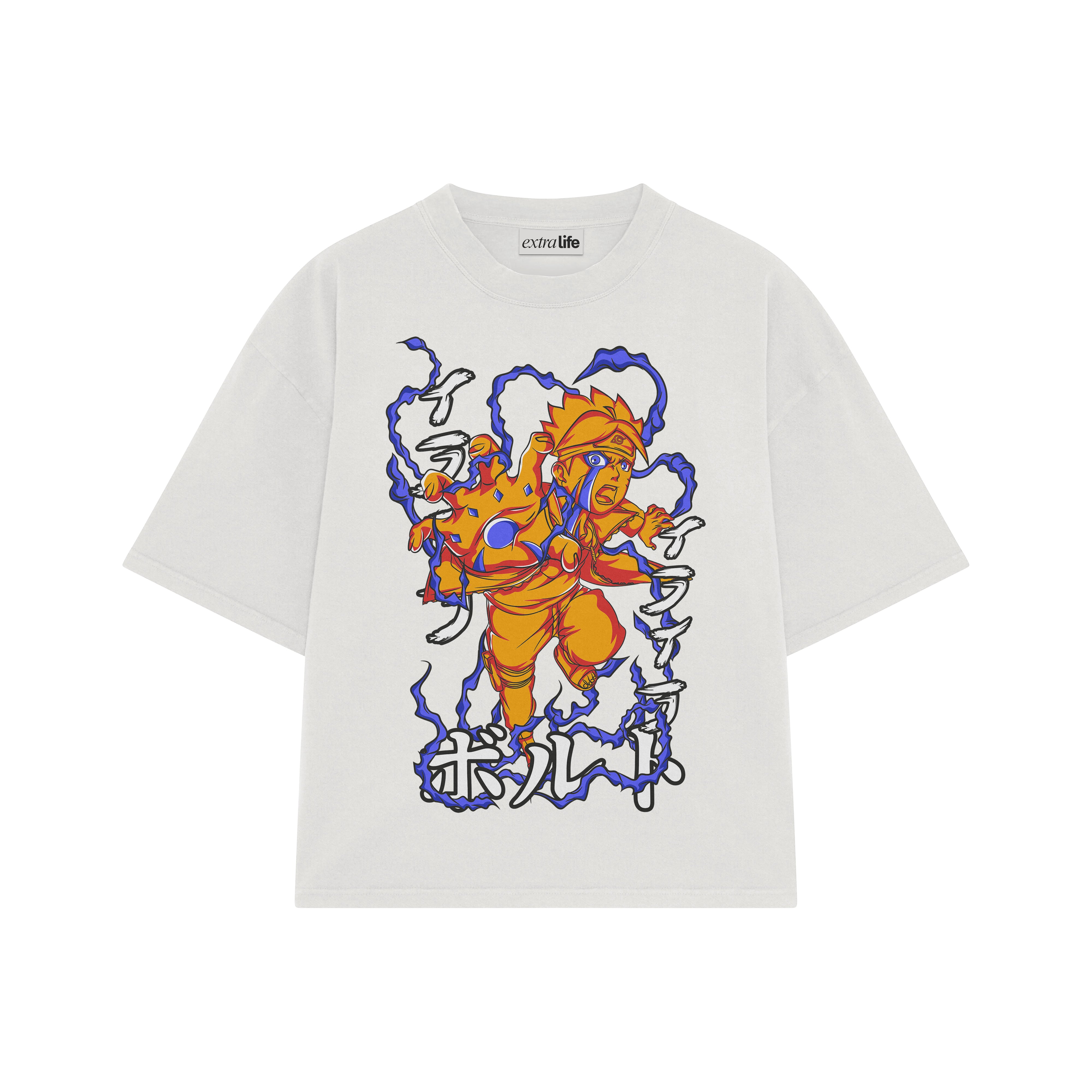 Playera streetwear premium de anime y gaming ExtraLife MX, corte boxy oversized drop shoulder heavyweight en color Deep Black y Off-White, moda urbana mexicana de culto.