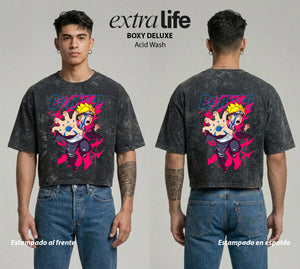 Playera streetwear premium de anime y gaming ExtraLife MX, corte boxy deluxe mineral wash heavyweight en color Acid Wash, moda urbana mexicana de culto.