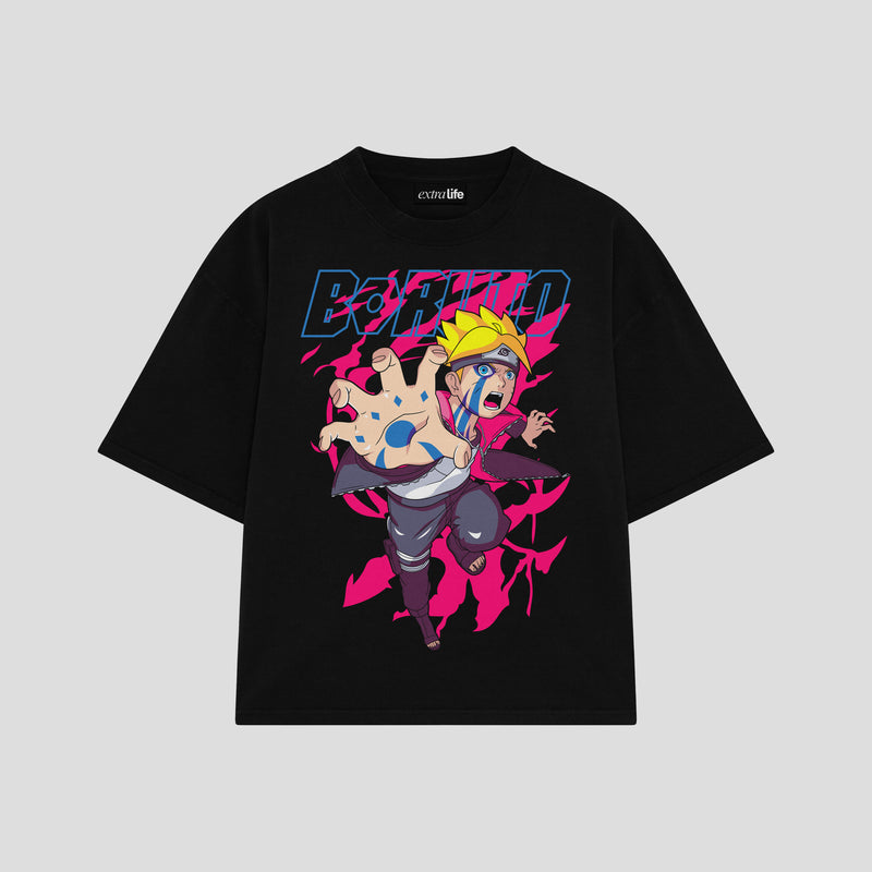 Playera streetwear premium de anime y gaming ExtraLife MX, corte boxy oversized drop shoulder heavyweight en color Deep Black y Off-White, moda urbana mexicana de culto.