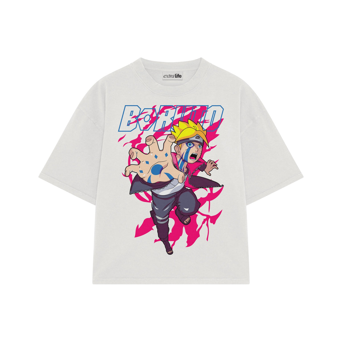 Playera streetwear premium de anime y gaming ExtraLife MX, corte oversized drop shoulder ligero y fresco en color Deep Black y Off-White, moda urbana mexicana de culto.