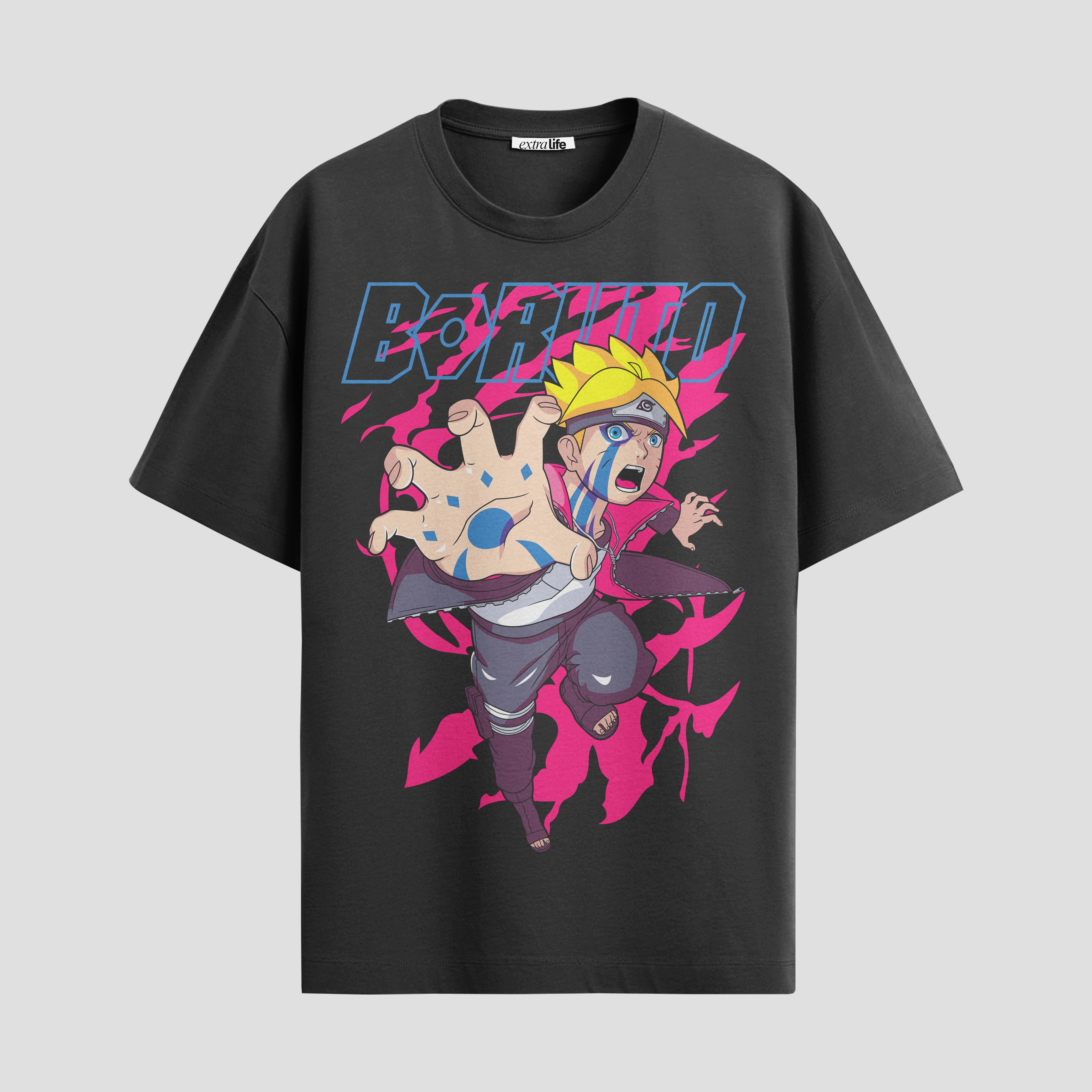 Playera urbana de anime y gaming ExtraLife MX, corte Standard Fit unisex ligero y transpirable en color Deep Black y Pure White, ropa de uso diario para gym y casual.