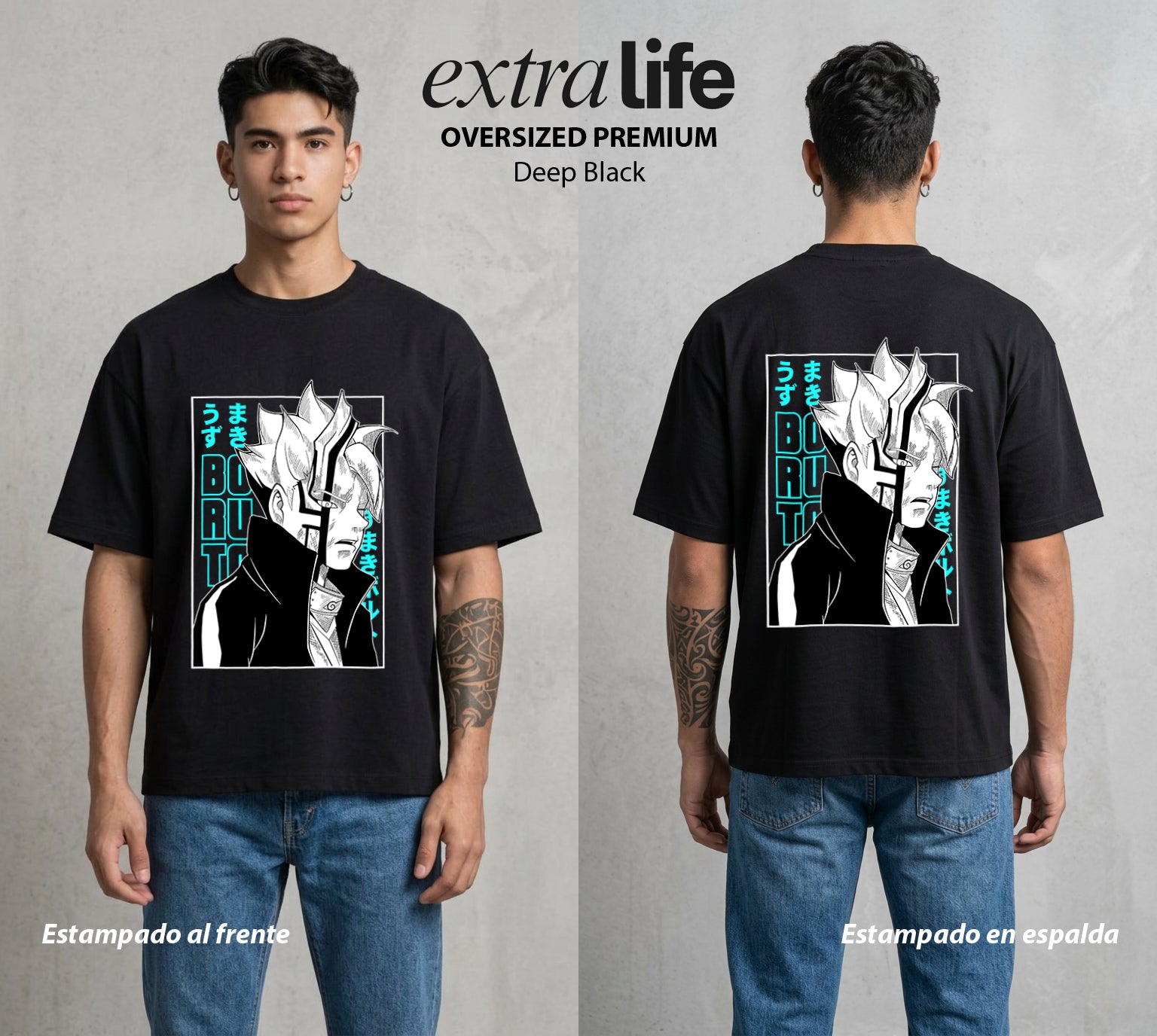 La Aldea Oculta | El Hijo del Hokage #00338 - Playera Oversized Premium | Deep Black - Foto en modelo