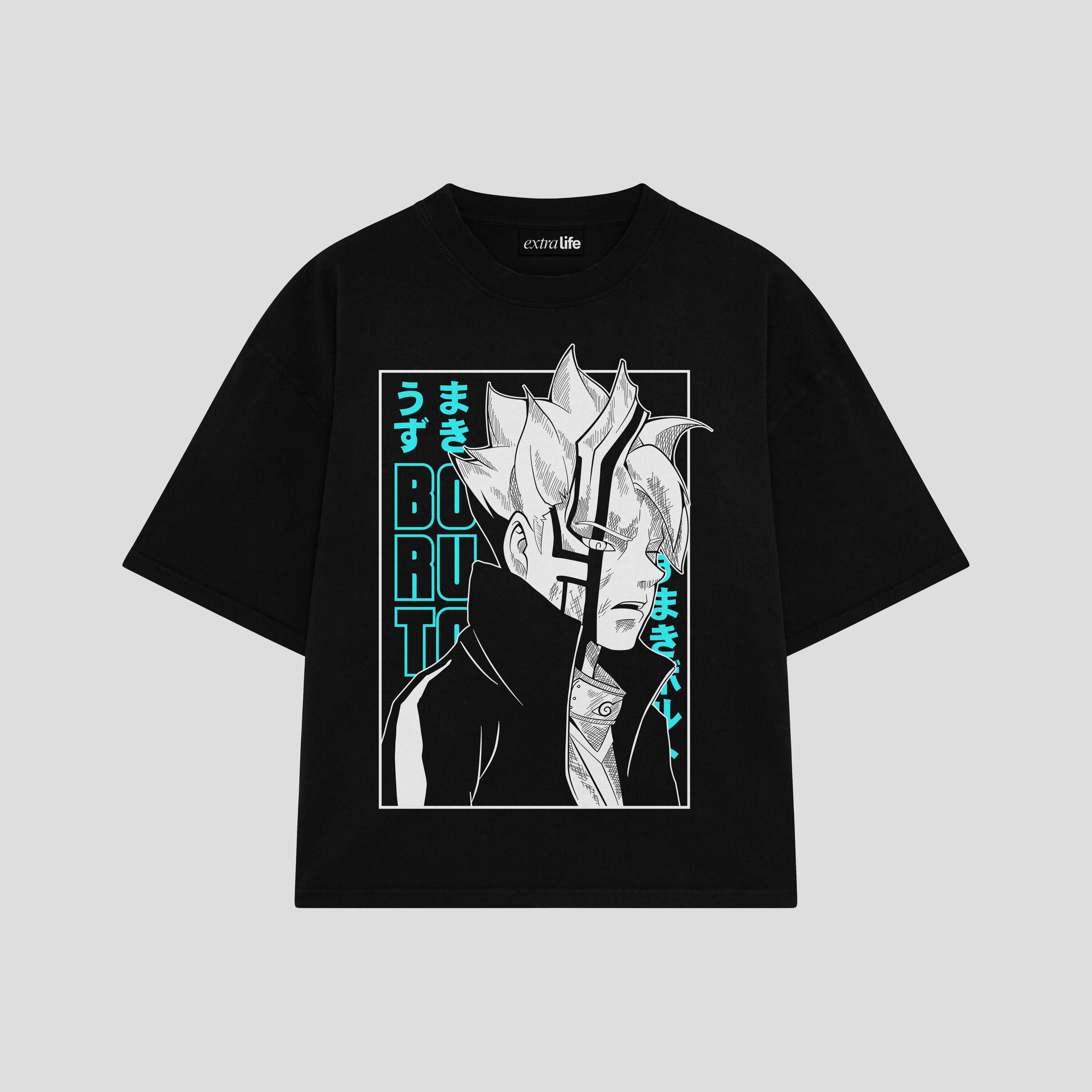 Playera streetwear premium de anime y gaming ExtraLife MX, corte boxy oversized drop shoulder heavyweight en color Deep Black y Off-White, moda urbana mexicana de culto.
