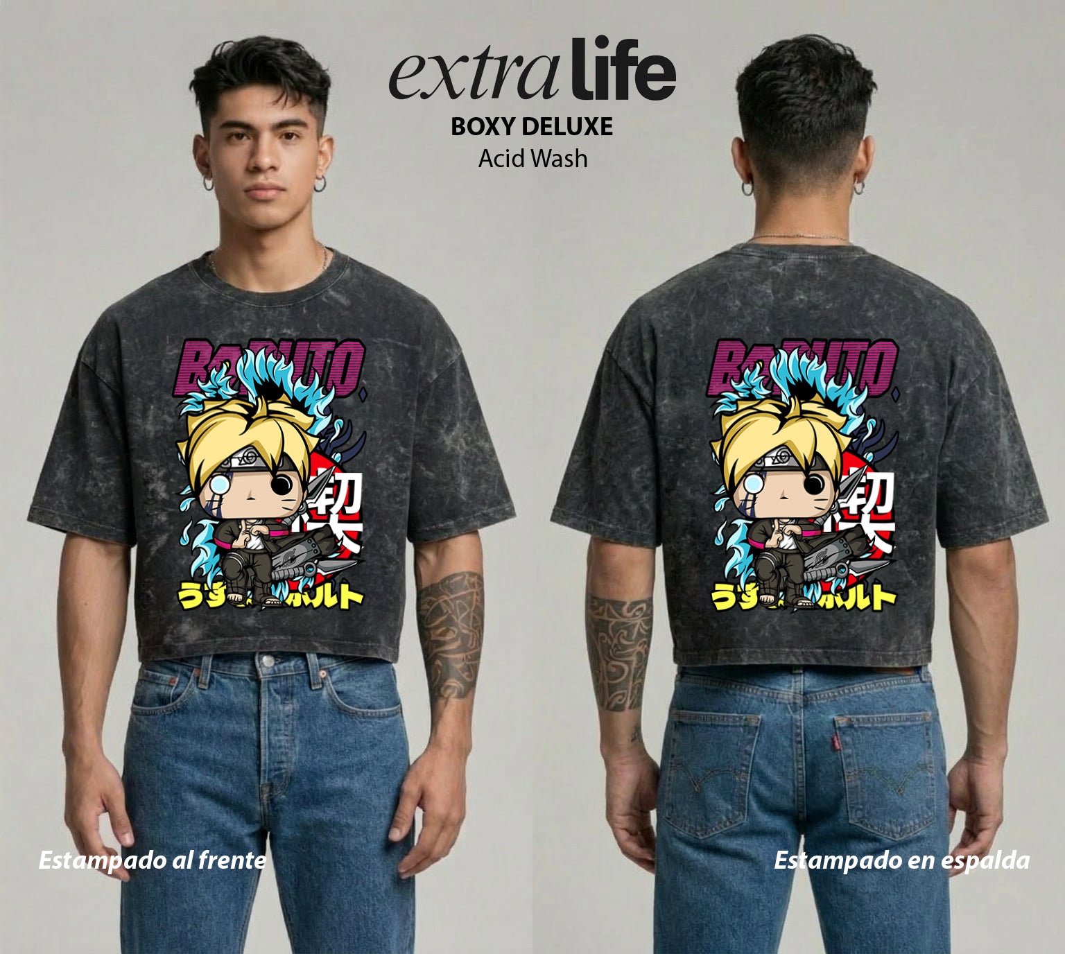Playera streetwear premium de anime y gaming ExtraLife MX, corte boxy deluxe mineral wash heavyweight en color Acid Wash, moda urbana mexicana de culto.