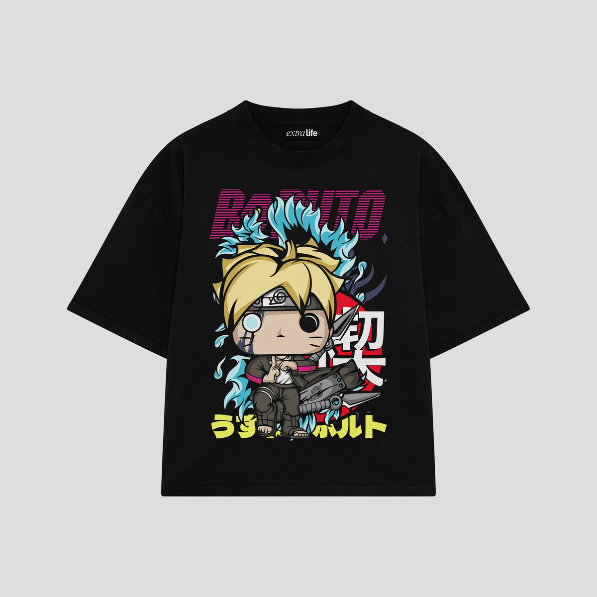 Playera streetwear premium de anime y gaming ExtraLife MX, corte oversized drop shoulder ligero y fresco en color Deep Black y Off-White, moda urbana mexicana de culto.