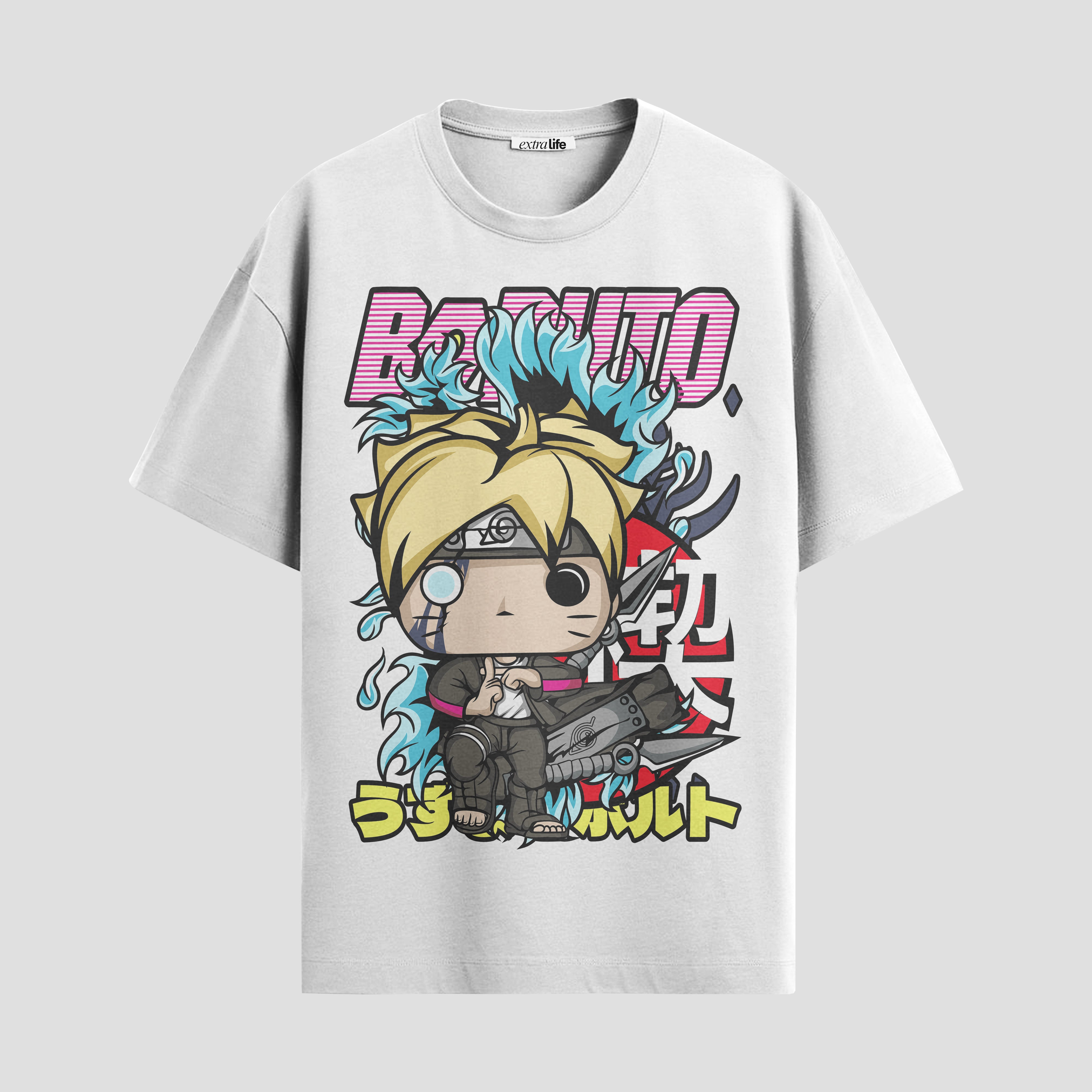 Playera urbana de anime y gaming ExtraLife MX, corte Standard Fit unisex ligero y transpirable en color Deep Black y Pure White, ropa de uso diario para gym y casual.