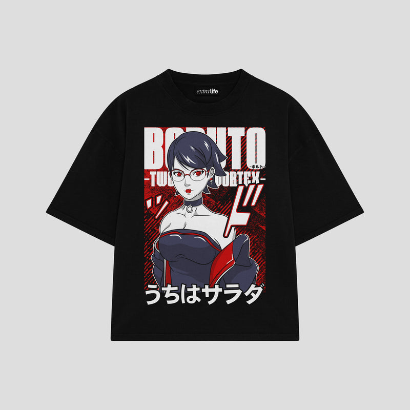 Playera streetwear premium de anime y gaming ExtraLife MX, corte boxy oversized drop shoulder heavyweight en color Deep Black y Off-White, moda urbana mexicana de culto.