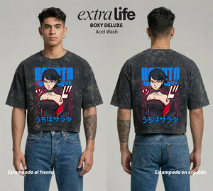 Playera streetwear premium de anime y gaming ExtraLife MX, corte boxy deluxe mineral wash heavyweight en color Acid Wash, moda urbana mexicana de culto.