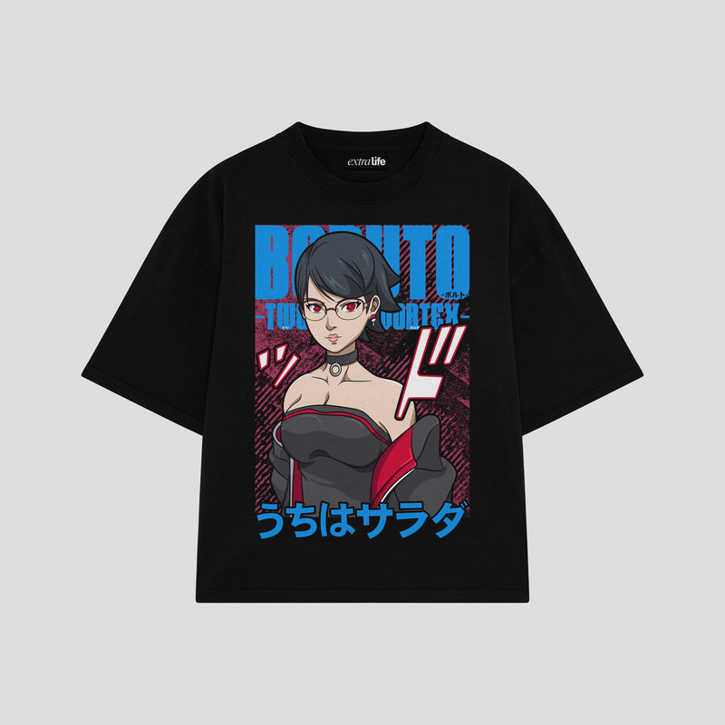 Playera streetwear premium de anime y gaming ExtraLife MX, corte boxy oversized drop shoulder heavyweight en color Deep Black y Off-White, moda urbana mexicana de culto.