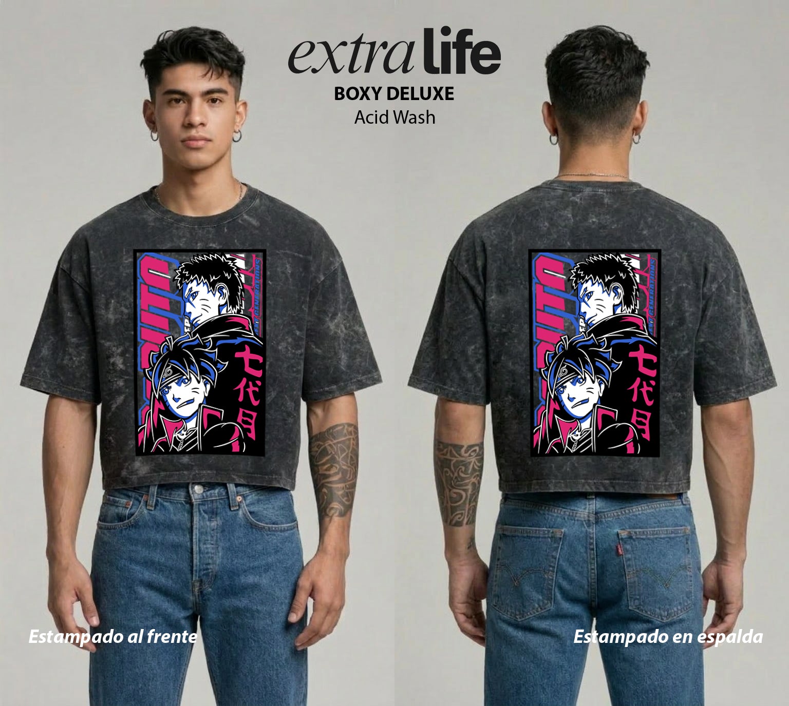 Playera streetwear premium de anime y gaming ExtraLife MX, corte boxy deluxe mineral wash heavyweight en color Acid Wash, moda urbana mexicana de culto.