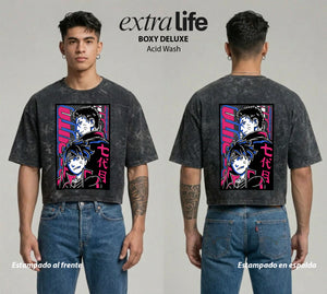 Playera streetwear premium de anime y gaming ExtraLife MX, corte boxy deluxe mineral wash heavyweight en color Acid Wash, moda urbana mexicana de culto.