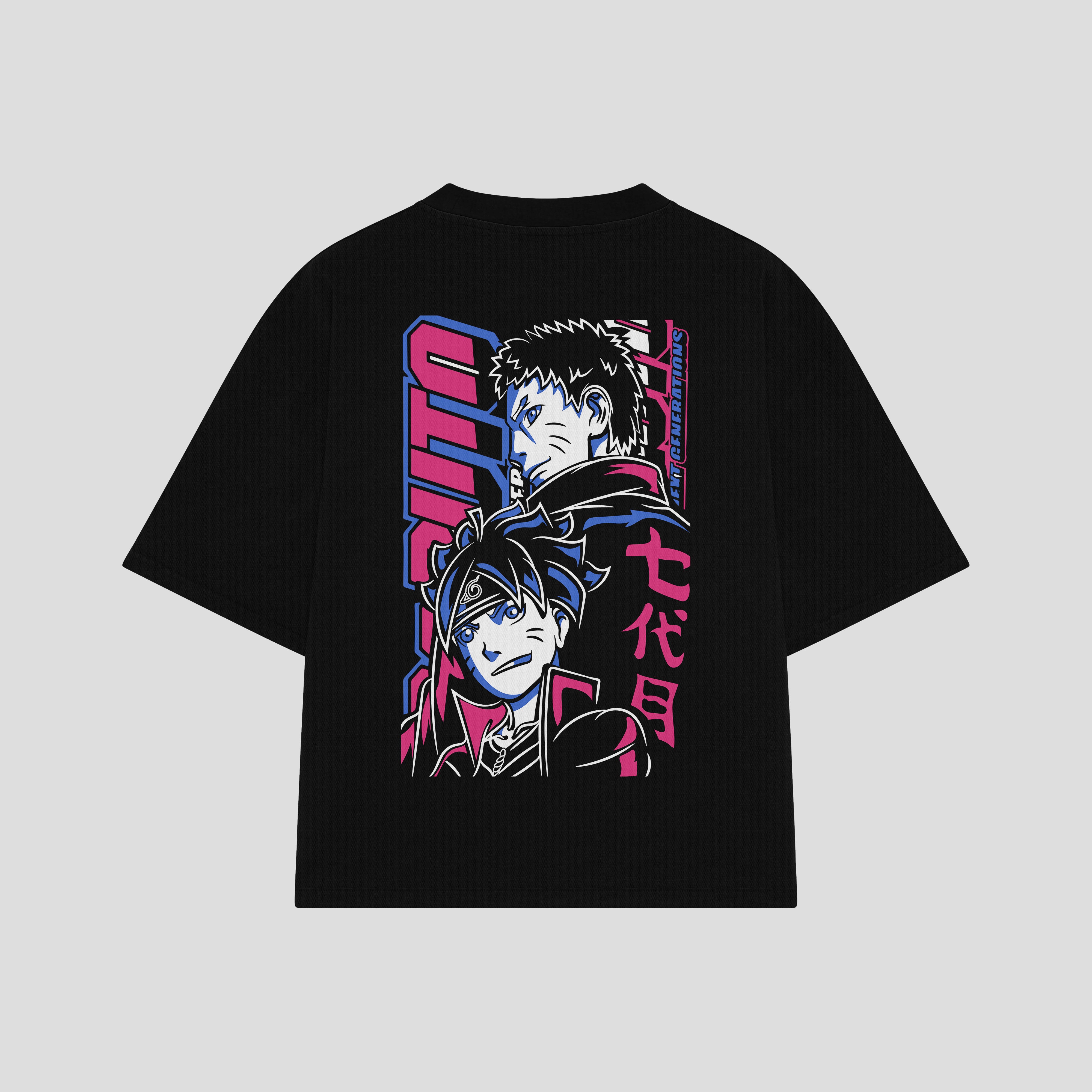 Playera streetwear premium de anime y gaming ExtraLife MX, corte boxy oversized drop shoulder heavyweight en color Deep Black y Off-White, moda urbana mexicana de culto.