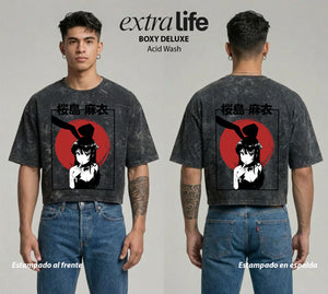 Playera streetwear premium de anime y gaming ExtraLife MX, corte boxy deluxe mineral wash heavyweight en color Acid Wash, moda urbana mexicana de culto.