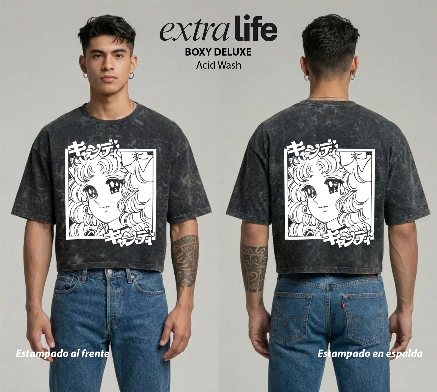 Playera streetwear premium de anime y gaming ExtraLife MX, corte boxy deluxe mineral wash heavyweight en color Acid Wash, moda urbana mexicana de culto.