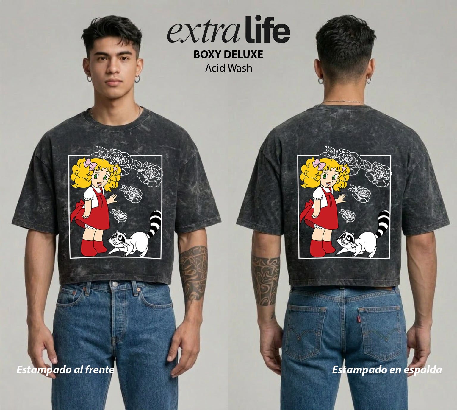 Playera streetwear premium de anime y gaming ExtraLife MX, corte boxy deluxe mineral wash heavyweight en color Acid Wash, moda urbana mexicana de culto.