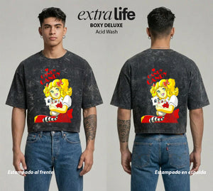 Playera streetwear premium de anime y gaming ExtraLife MX, corte boxy deluxe mineral wash heavyweight en color Acid Wash, moda urbana mexicana de culto.