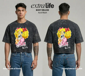 Playera streetwear premium de anime y gaming ExtraLife MX, corte boxy deluxe mineral wash heavyweight en color Acid Wash, moda urbana mexicana de culto.