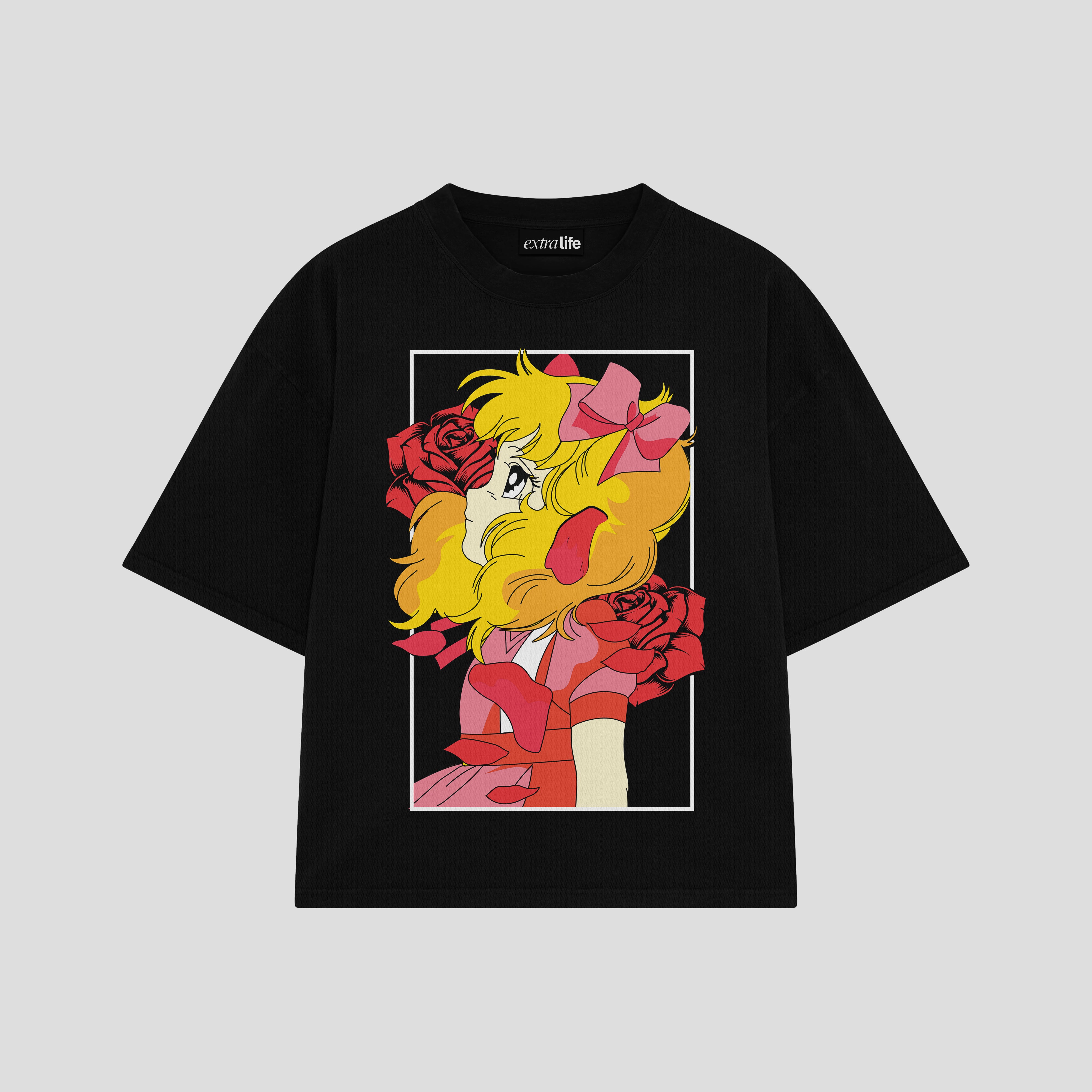 Playera streetwear premium de anime y gaming ExtraLife MX, corte boxy oversized drop shoulder heavyweight en color Deep Black y Off-White, moda urbana mexicana de culto.