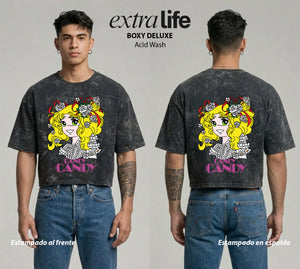 Playera streetwear premium de anime y gaming ExtraLife MX, corte boxy deluxe mineral wash heavyweight en color Acid Wash, moda urbana mexicana de culto.