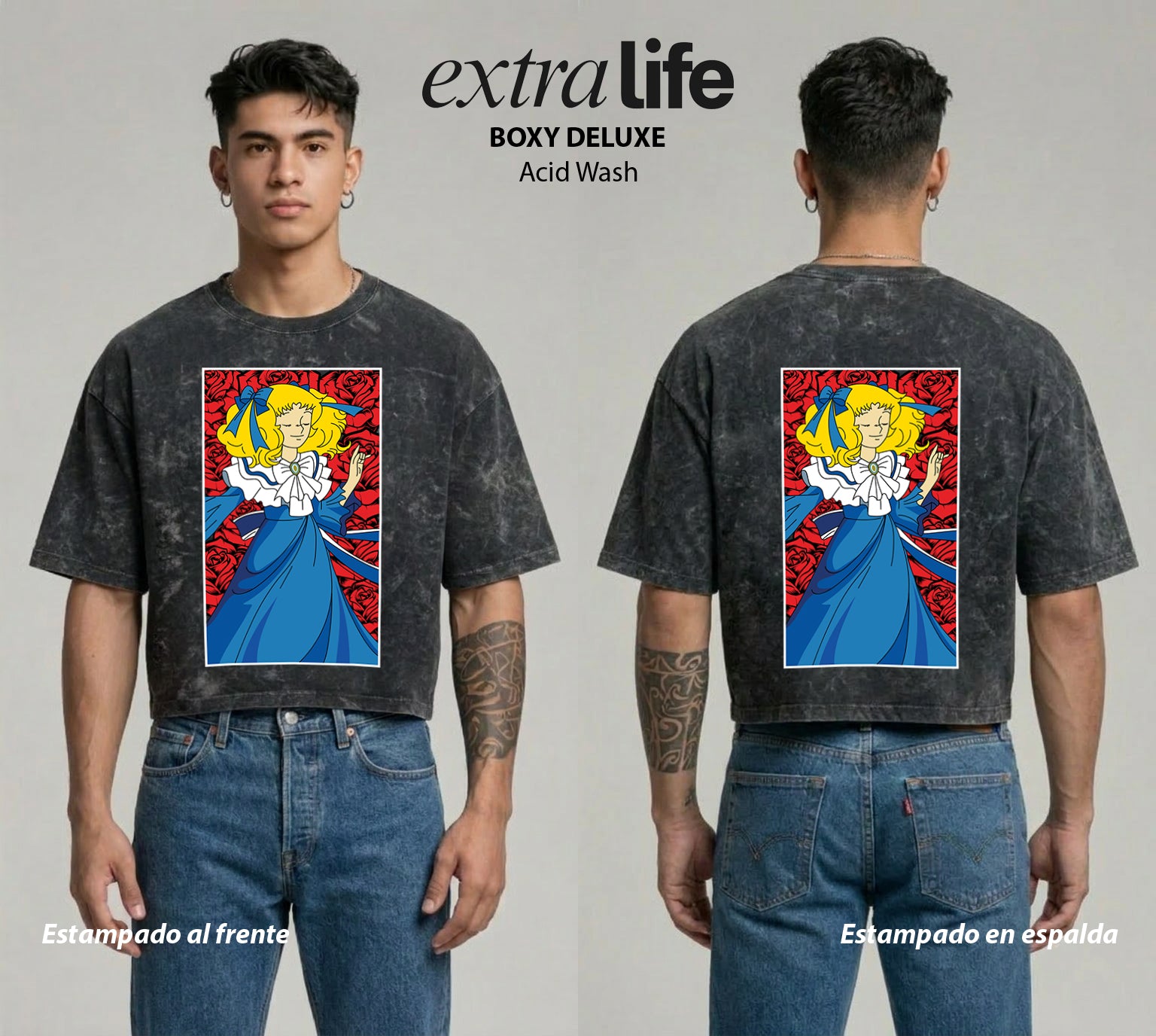 Playera streetwear premium de anime y gaming ExtraLife MX, corte boxy deluxe mineral wash heavyweight en color Acid Wash, moda urbana mexicana de culto.