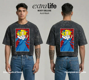 Playera streetwear premium de anime y gaming ExtraLife MX, corte boxy deluxe mineral wash heavyweight en color Acid Wash, moda urbana mexicana de culto.