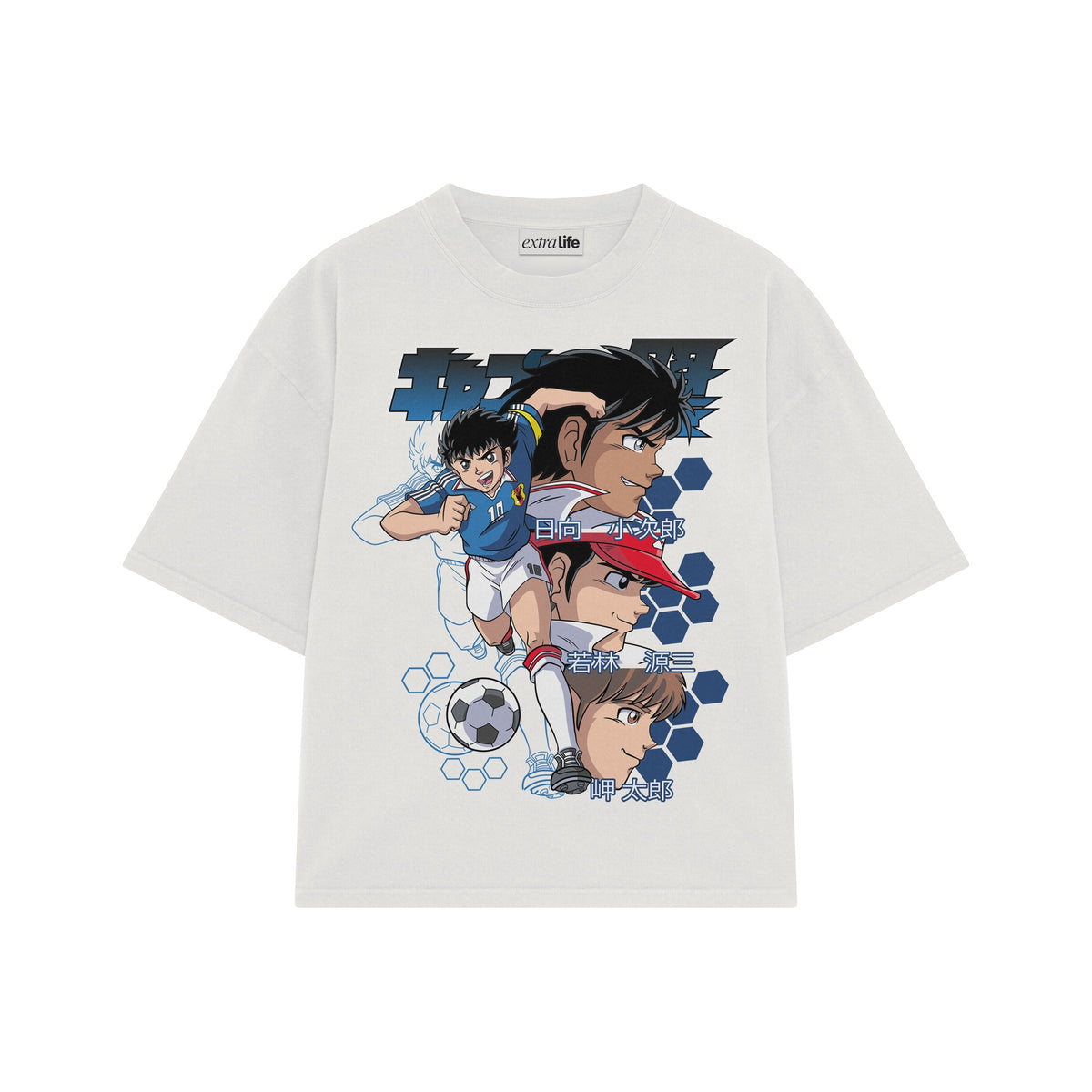 Playera streetwear premium de anime y gaming ExtraLife MX, corte oversized drop shoulder ligero y fresco en color Deep Black y Off-White, moda urbana mexicana de culto.