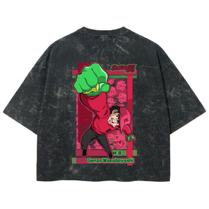 Playera streetwear premium de anime y gaming ExtraLife MX, corte boxy deluxe mineral wash heavyweight en color Acid Wash, moda urbana mexicana de culto.