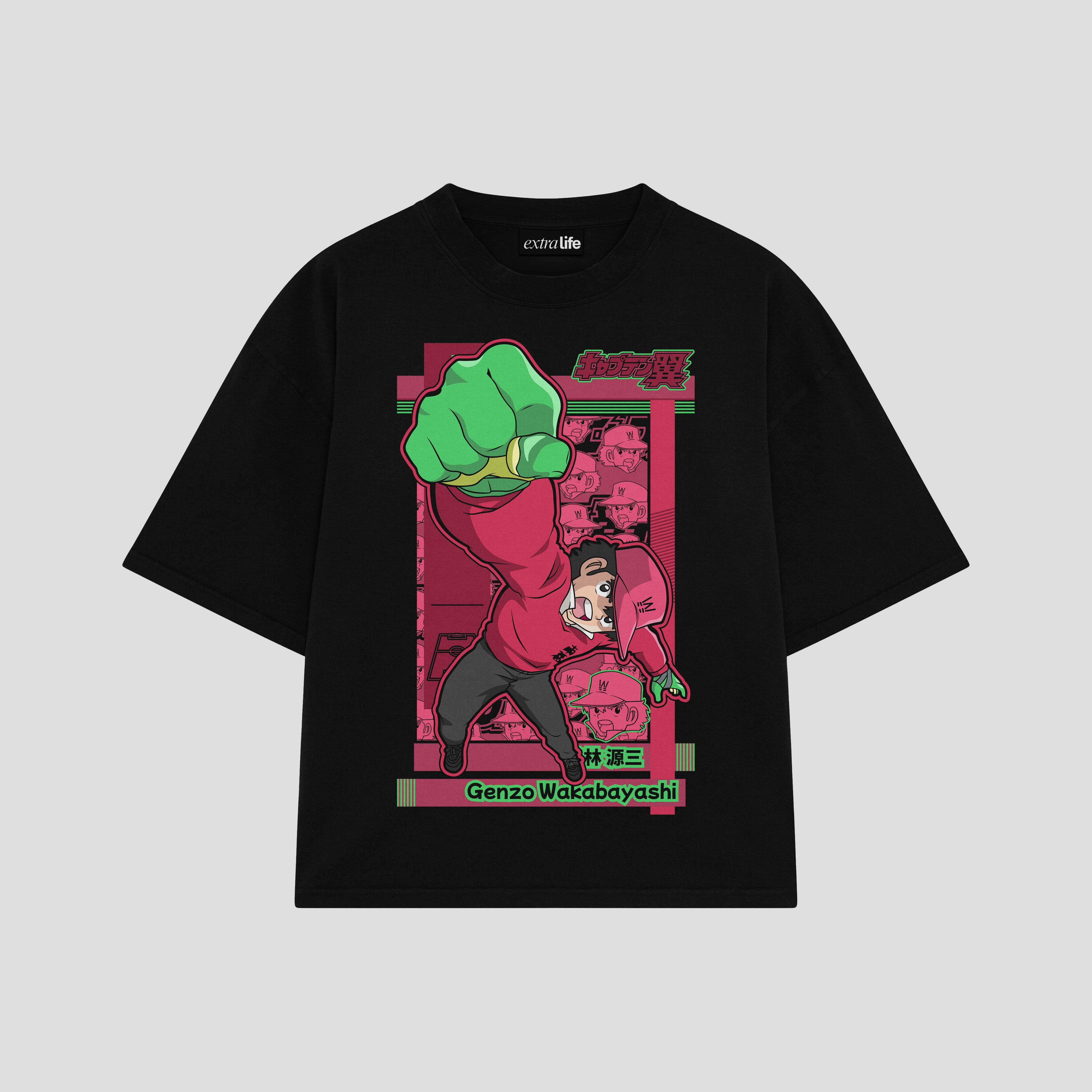 Playera streetwear premium de anime y gaming ExtraLife MX, corte boxy oversized drop shoulder heavyweight en color Deep Black y Off-White, moda urbana mexicana de culto.