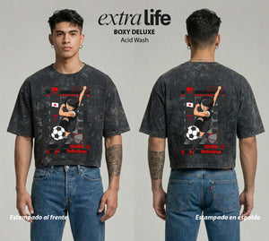 Playera streetwear premium de anime y gaming ExtraLife MX, corte boxy deluxe mineral wash heavyweight en color Acid Wash, moda urbana mexicana de culto.