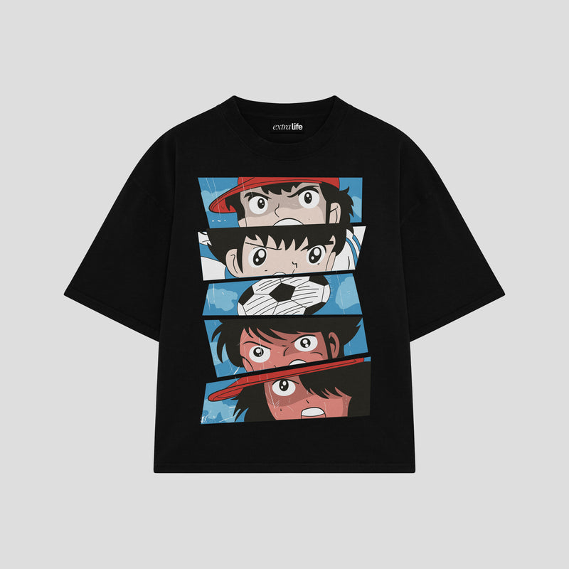 Playera streetwear premium de anime y gaming ExtraLife MX, corte boxy oversized drop shoulder heavyweight en color Deep Black y Off-White, moda urbana mexicana de culto.